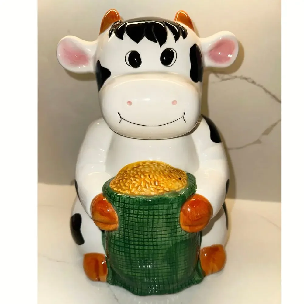 Vintage Cookie Jar White Cow Black Spots Holding Corn Bag
